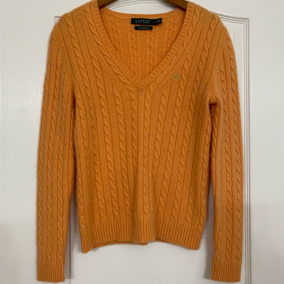 Ralph Lauren Tops - Ralph Lauren Cashmere Orange V Neck Cable Sweater